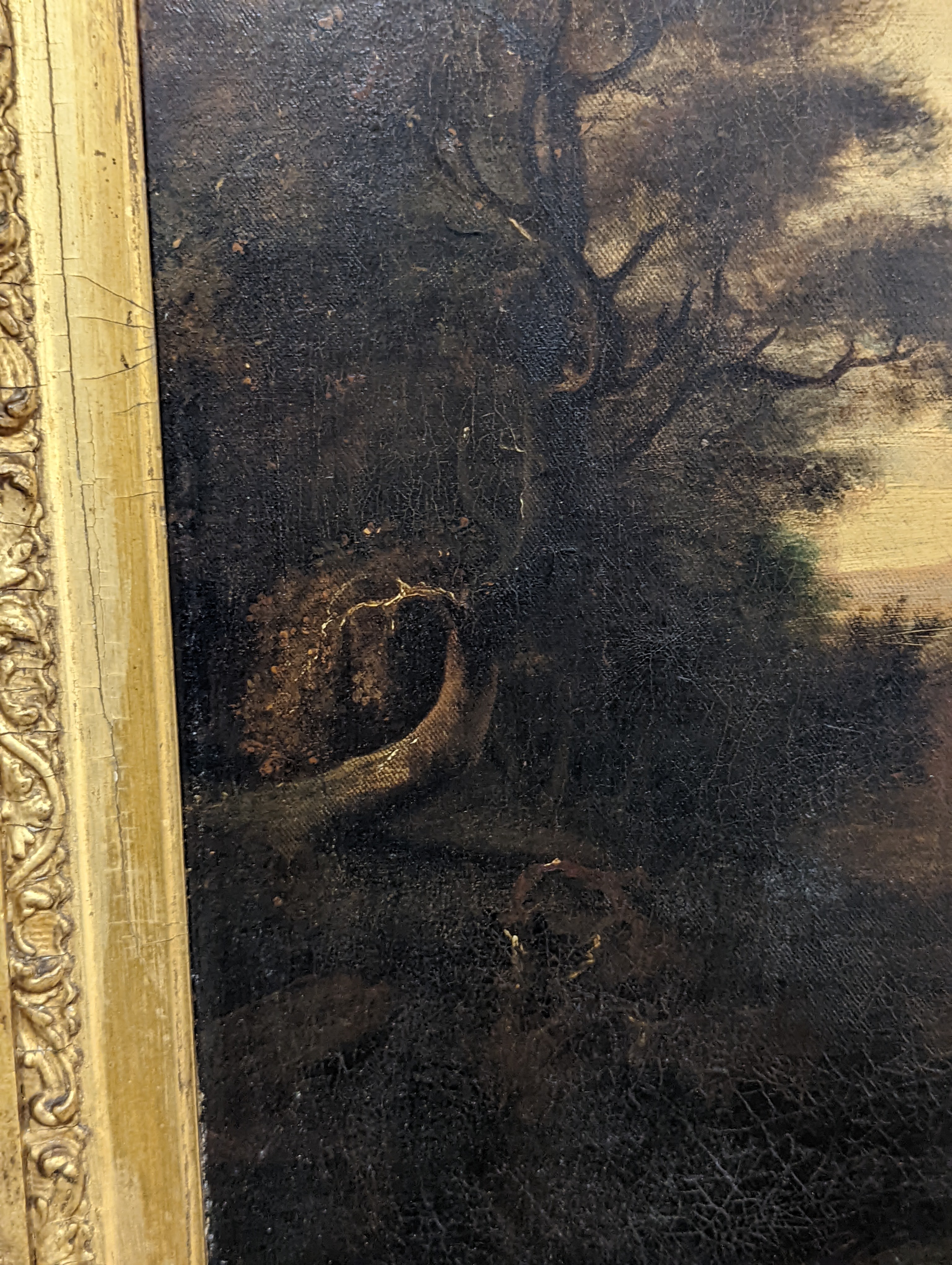 19th century English School, oil on canvas, Cattle watering in a landscape, 49 x 59cm